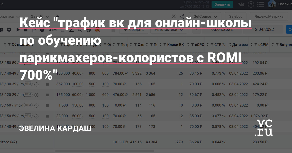 В апреле 2022 года в связи с закрытием возможности лить трафик на геолокацию Россия в сети, признанной экстремистской мы с клиентом школы-колористики перешли в вк. До этого с октября месяца работали на другой площадке.
